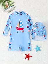4Baby Boy Swimwear Blue Boat with Hat ملابس سباحة